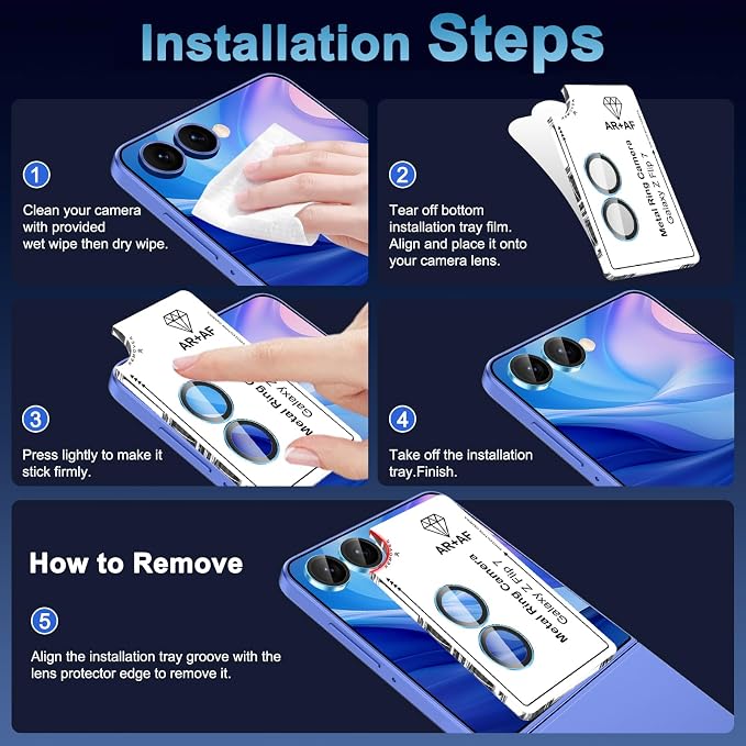 Meshine for Samsung Galaxy Z Flip 7 Camera Lens Protector,Scratch Proof,Strong Adsorption,9H Hardness with Metal Ring Camera Cover,Ultra Thin Case Friendly, Accessories Lens Protector,Blue - Image 7