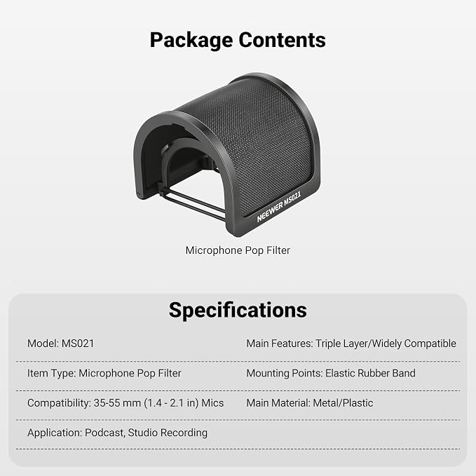 NEEWER Pop Filter for Microphones, Triple Layer Isolation Shield for 35-55 mm Diameter Mics, Windscreen Cover for Podcast Streaming Voice Over Singing Studio Recording, MS021 - Image 7