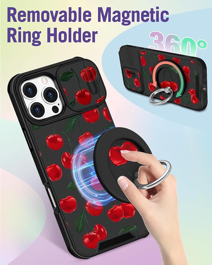 Buleens for iPhone 16 Pro Case 6.3 Inch - with Ring Stand & Camera Cover Aesthetic Cute Designed for Women Girls Girly Pretty Kawaii Cherry Teens Phone Case for iPhone 16 Pro Compatible with Magsafe - Image 5