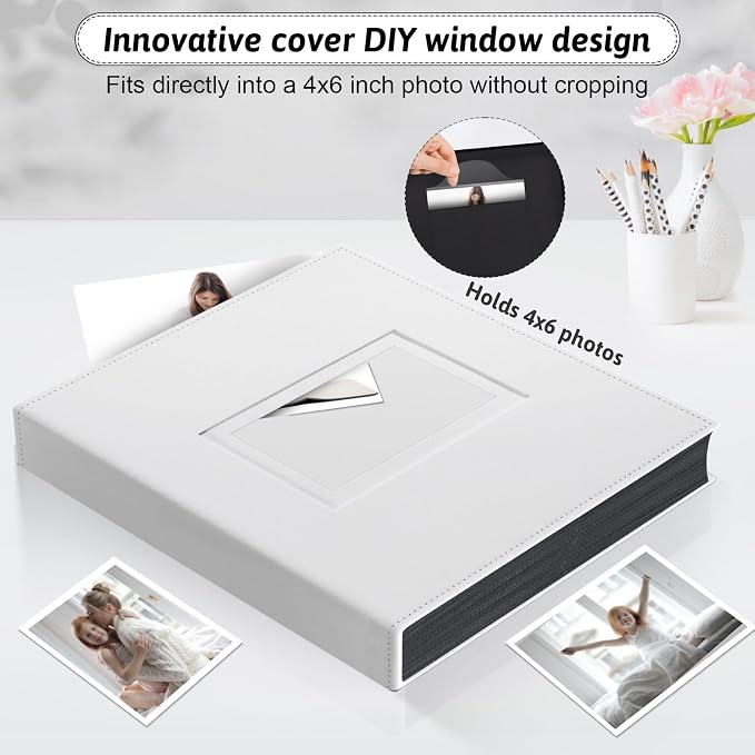 Popotop 4x6 Photo Album Holds 300 Pictures, Vegan Leather Hardcover | 300-Photos Capacity, Acid-Free PP Slip-In Pockets, Mixed-Orientation Layout, Front Photo Window, Gifts for Wedding Baby - Image 2