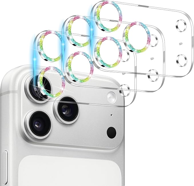 Dengduoduo 3 Pack Camera Lens Protector for iPhone 17 Pro Max, Tempered Glass, Ultra HD, 9H Hardness, Anti-Scratch, Case Friendly,[No Affect on Night Shots], Glitter Colorful by Dengduoduo