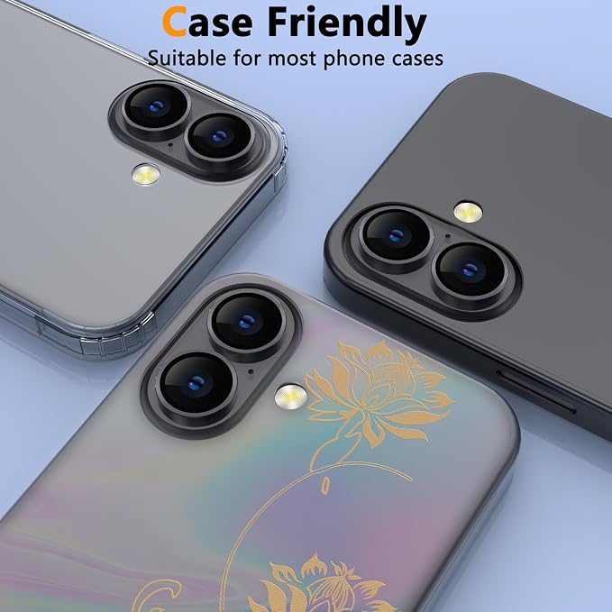 YWXTW for iPhone 16 Plus/iPhone 16 Camera Lens Protector, Individual Anti Scratch Metal Ring Tempered Glass Camera Screen Protector for iPhone 16 Accessories, Case Friendly (Black) - Image 6