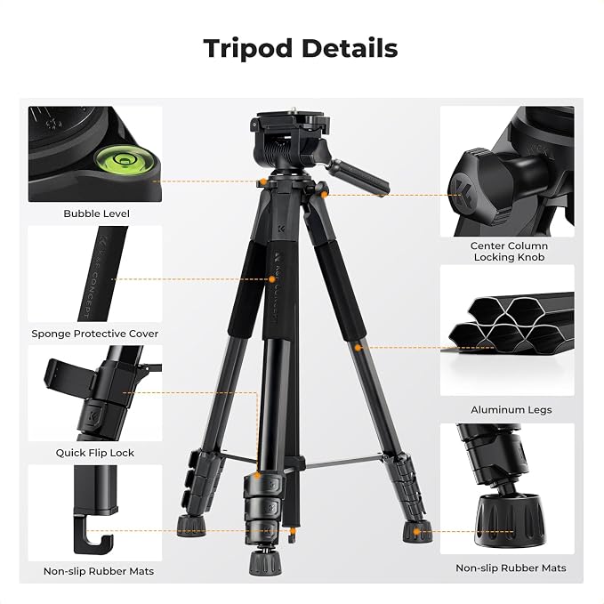 K&F CONCEPT 68" Camera Tripod Lightweight Portable DSLR Tripods | Camera Phone Video Recording Tripod Stand, Cellphone Clip for Smartphone Live Streaming Vlog. S254A3+BV01 - Image 9