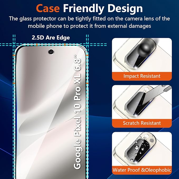(3+2 Pack) Glass Screen Protector for Google Pixel 10 Pro XL with Camera Lens Protector,9H Tempered Glass,Fingerprint Unlock,Anti-Scratch,Bubble Free,Case Friendly - Clear - Image 6