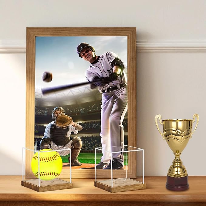 2 Pack Clear Acrylic Softball Display Case with Wood Base, Memorabilia Stand Cube Holder, Dust Protection Transparent Storage Box for Single Ball Souvenir Softball Collections - Image 4