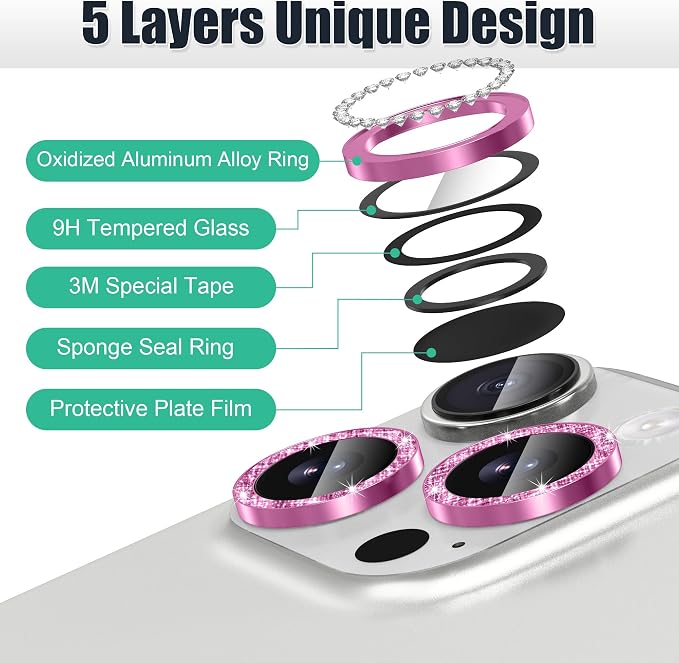 AGVEE 3+3 6 Pack for iPhone 16 Pro & Max Camera Lens Protector Cover | Individual Bling Diamond & Bling Glitter Sparkle Cute Gem Metal Ring, 9H Tempered HD Glass - Image 7