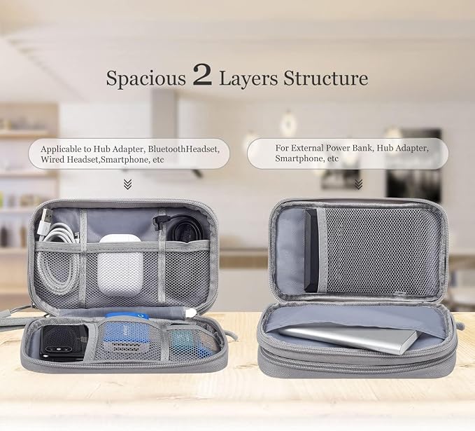 CAOODKDK Electronic Organizer Bag, Waterproof Portable Electronic Organizer Travel Accessories Cable Bag Universal Cord Storage Case for CableCord Storage Double Layer - Gray, Large - Image 5