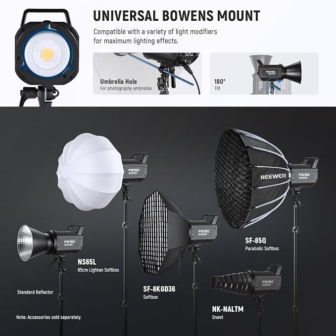 NEEWER FS150 LED Video Light 2.4G/APP Control, 130W 5600K COB Daylight Silent Photography Continuous Output Lighting 4 Precise Dimming Types 102000lux/1m CRI97+ 9 Effects Bowens Mount, US Plug - Image 9