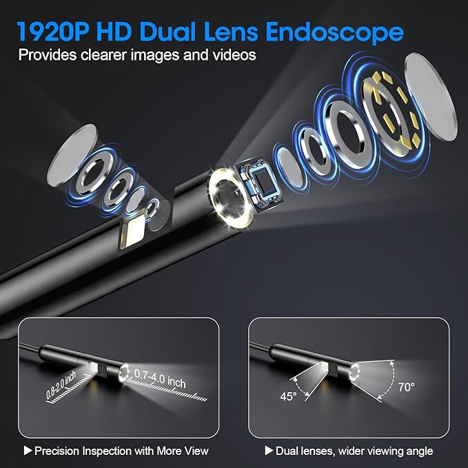 Endoscope with Light, 1920P HD Borescope with 8 Adjustable LED Lights, Semi-Rigid Snake Camera, IP67 Waterproof Inspection Tool (16.4ft, Black Harness + Dual Lens) - Image 3