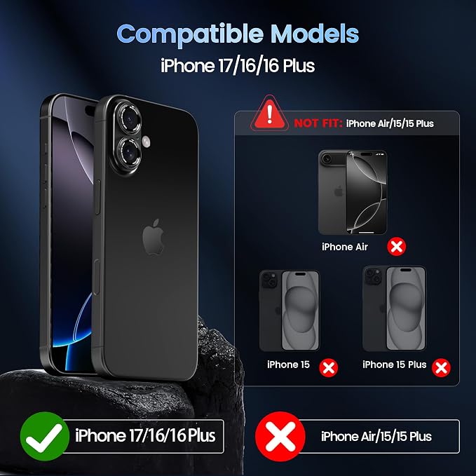 CACOE Metal Camera Lens Protector for iPhone 16/16 Plus/17 Cover | Tempered Glass Cover, Anti-Scratch, Drop-Proof, Strong Adhesion, Camera Screen Cover Accessories, Black - Image 7
