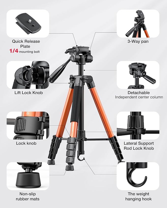 CAMBOFOTO 73" Camera Tripod and Monopod, Aluminum Tripod Stand/Burnt Orange | for Professional Camera/Mirrorless/DSLR/Cell Phone/Camcorder/GoPro, with Phone Holder/Travel Bag - Image 6