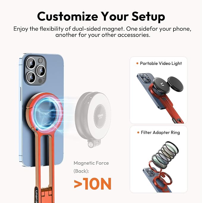 ULANZI MA30 Magnetic Phone Tripod Stand for iPhone - Aluminium Maglock Smartphone Mini Tripod Pocket Cell Phone Stand Strong Magnet Quick Mount Compatible with iPhone 17 16 15 14 13 12 Series, Orange - Image 6
