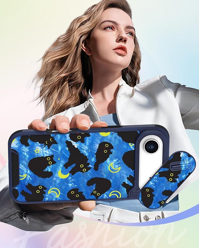 Buleens for iPhone 17 Air Case 6.5 Inch - with Ring Stand & Camera Cover Aesthetic Cute Designed for Women Girls Girly Kawaii Blue Cat Stars Phone Case for iPhone 17 Air Compatible with Magsafe - Image 6