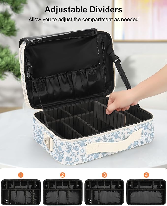 Relavel Makeup Bag Travel Train Case for Women and Girls, Cute Cosmetic Storage Organizer Box Portable Shoulder Bag with Adjustable Dividers and Makeup Brush Comparment, Floral Print - Image 2