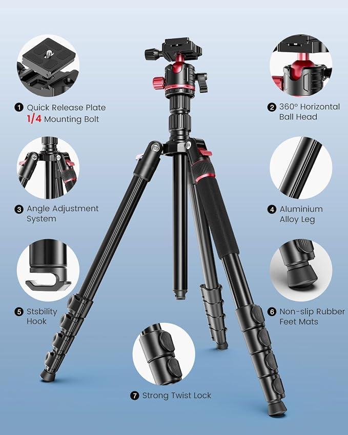 CAMBOFOTO 74" Professional Camera Tripod & Monopod with Carry Bag | Ball Head Aluminum Photography DSLR Tripod, Compatible with Binoculars Laser Telescope (Weight 3 Lbs, 13Lbs Load) - Image 6
