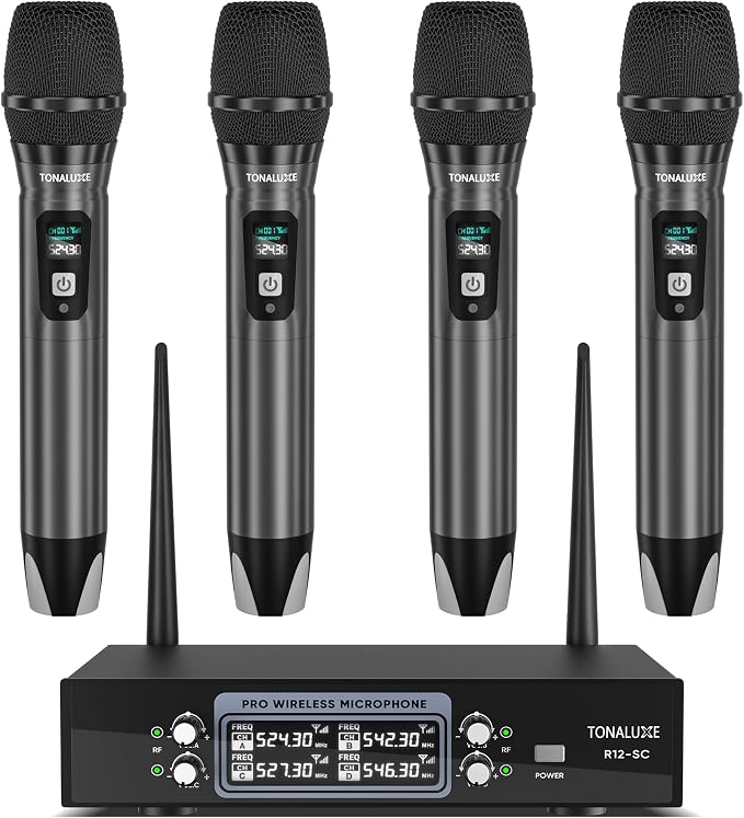4 Channel Wireless Microphone System with Metal Receiver, 4 Handheld Mics, Independent Volume Control, 262ft Range, UHF Karaoke Mic Set for Home Party, Classroom, Church, Wedding, Events by TONALUXE