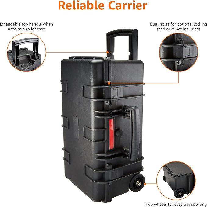Amazon Basics Hard Protective Camera Case with Wheels, Large, Black, 22"L x 14"W x 9.8"H - Image 4