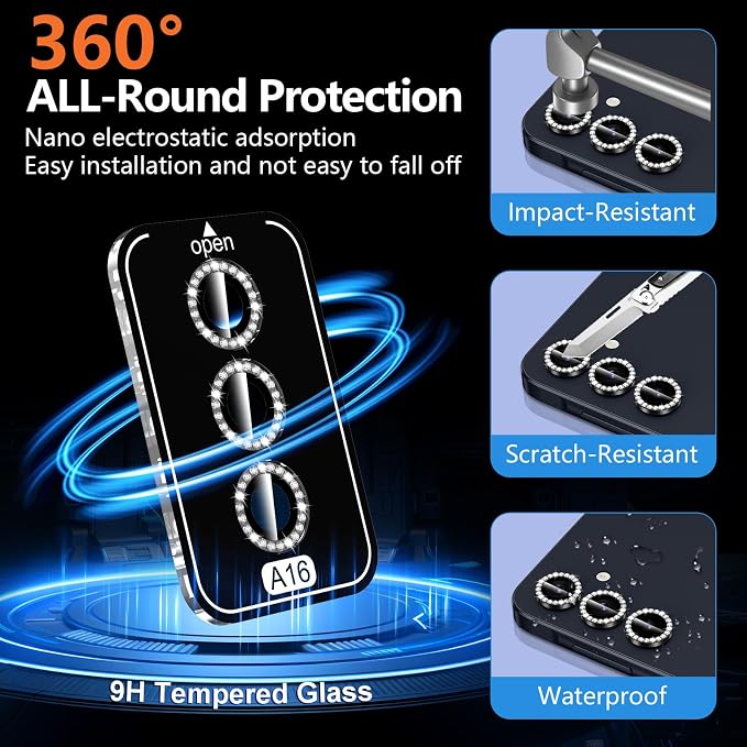 for Samsung Galaxy A16 Camera Lens Protector, Individual Metal Ring Tempered Glass Lens Cover, [Strong Adsorption] Scratch Resistant Ultra-Thin HD Clear Lens Cover, 1 Set-Black Diamond - Image 2
