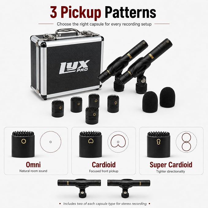 LyxPro SDPC-2 Stereo Pair Small Diaphragm Condenser Microphones, XLR Pencil Mic Set with Omni, Cardioid & Super Cardioid Capsules for Acoustic Guitar, Drums, Piano & Studio Recording - Image 3