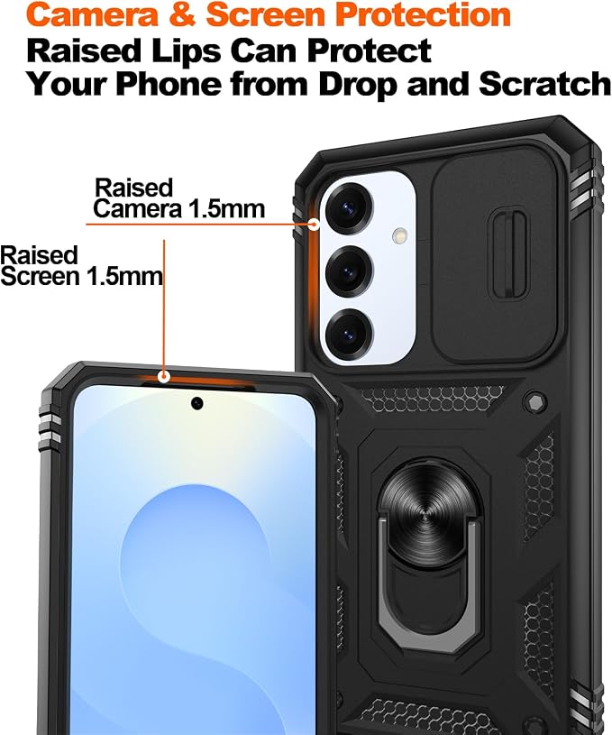 Gritup Fit for Samsung Galaxy S25 Case with Slide Camera Cover | 2 Pcs Screen Protector, Build in 360° Rotating Ring Kickstand, Military Grade Protective Phone Case, Black - Image 5