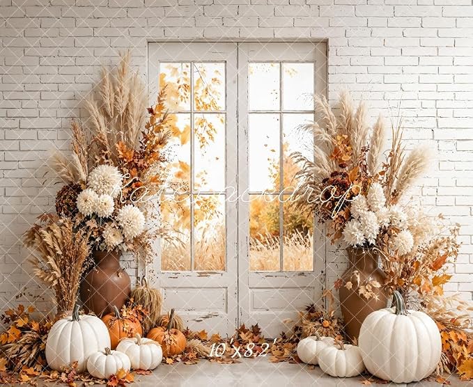 Kate Fall Photography Backdrops Autumn Harvest Pumpkin White Brick Wall Boho Theme Photography Props, 10x8ft - Image 2