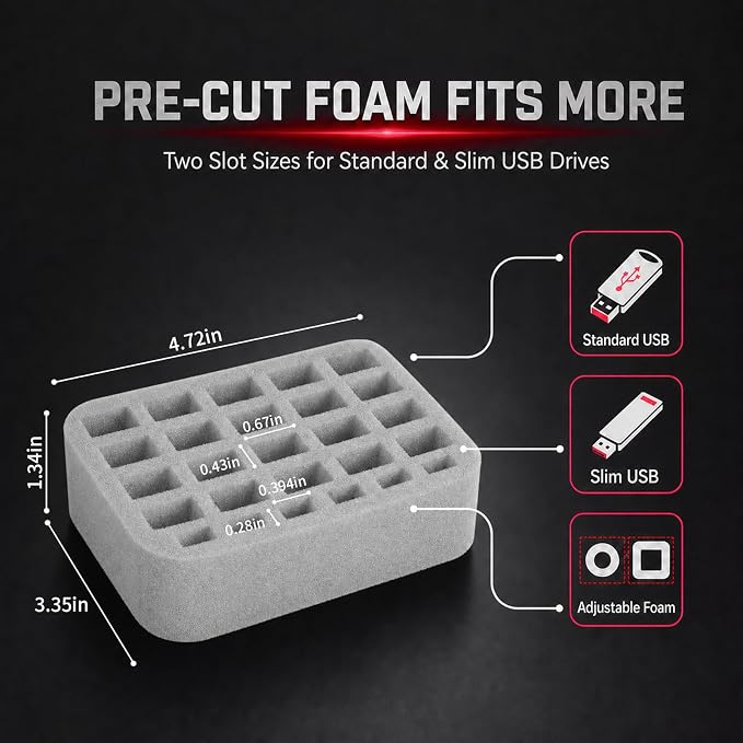 Comecase USB Flash Drive Case, Holds 26 USB Drives and 4 SD Cards | Pre-Cut Foam Fits Mixed USB Drives; EVA Shell, Holds 26 USB & 4 SD Cards, Compact, Grey, Small, Case Only - Image 3
