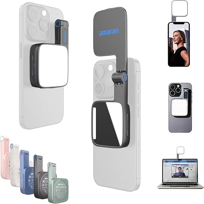 Amaran Go Magnetic Selfie Phone Light,Dual LED Light Source (Charcoal) | with Adjustable Mirror Light CCT 2700K-6500K,Rechargeable for Selfie,Makeup,Video Conference,TikTok,for iPhone & Android by Aputure