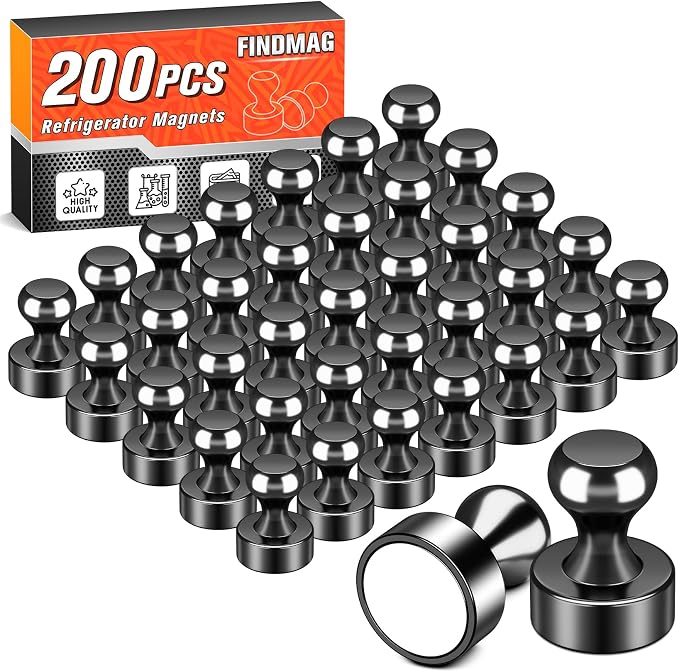 FINDMAG Magnets for Whiteboard, Fridge Magnets for Locker, 200 Pack, Black | Push Pin Magnets for Classroom, Kitchen, Office and Refrigerator, Accessories Decorative, Easy to Move and Reusable Design by FINDMAG
