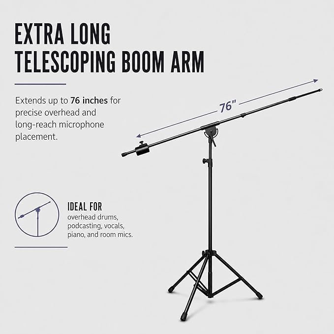 LyxPro SMT-1 Professional Microphone Stand Heavy Duty 93” Studio Overhead Boom Stand 76” Extra Long Telescoping Arm Mount, Foldable Tripod Legs & Adjustable Counterweight | OVERHEAD STUDIO BOOM STAND: Tall 93 inch mic stand with 76 inch boom for drums,... - Image 3