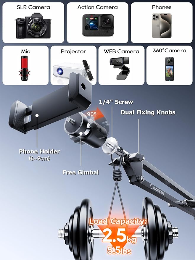 Upgrade Ring Light Overhead Phone Mount, LED Desk Ring Light with Clamp for Video Recording,Flexible Articulating Phone Arm Stand Compatible with iPhone,Live Streaming YouTube Tiktok - Image 7