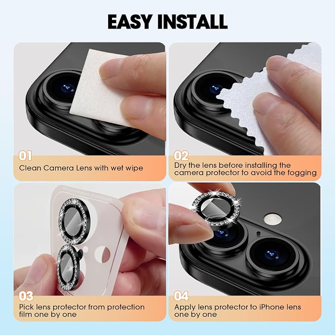 for iPhone 16/16 Plus Camera Lens Protector Bling Diamond, Black | Individual Metal, 9H Hardness, Scratch Resistant, Shockproof, Drop Protection, Case Friendly, Stylish Accessories - Image 7