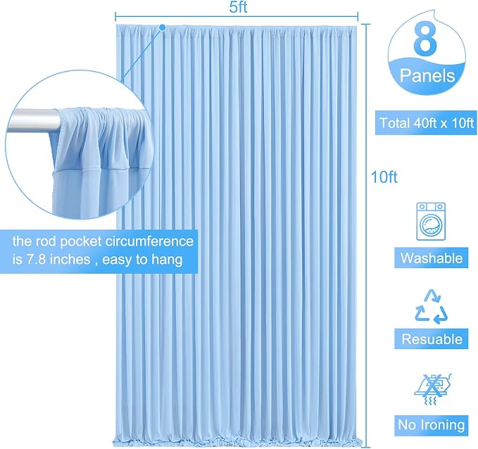 8 Panels Baby Blue Backdrop Curtain for Baby Shower Parties Wrinkle Free Light Blue Curtains Backdrop Drapes Fabric Decoration for Birthday Party Photography 40ft x 10ft - Image 5