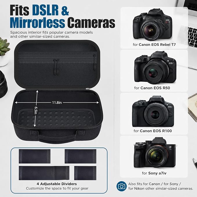 Camera Case for Canon EOS Rebel T7/R50/R100/for Sony a7iv/Mirrorless | EVA hard shell, Oxford fabric, 4 adjustable dividers and 3 mesh pockets for camera travel and home storage-Black (Case Only) - Image 3