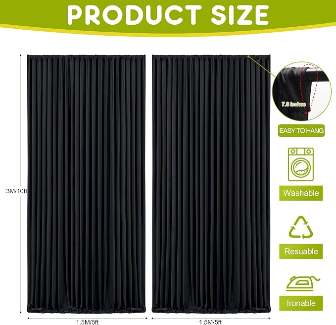 Black Backdrop Curtain for Wedding Parties Backdrop Drapes 10x10FT | Wrinkle Free Polyester Curtain Backdrop Black Draping Fabric for Backdrop Photoshoot Birthday Party Background,2 Panel 5x10FT - Image 2