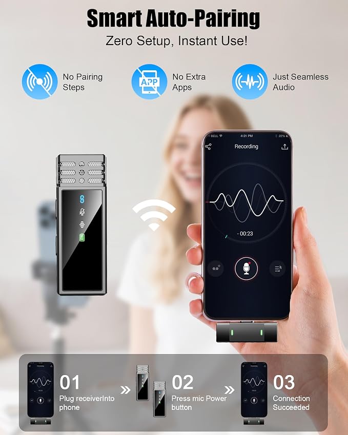 Wireless Lavalier Microphone for iPhone/Samsung/Android, 2 Mics, USB-C Port | 2 Clip-On Mics with Noise Reduction, 34h Using Time with Charging Case, 48kHz Audio 66ft Range for iPhone Video Recording - Image 4