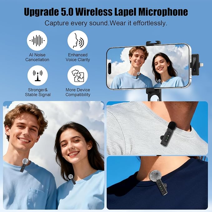 Wireless Mini Microphone for iPhone Android - 2 Pack Lavalier Mic | for Video Recording, Clip-on Lapel Mics Noise Reduction, Plug & Play Content Creator Mics for YouTube TikTok Podcast Vlogging - Image 2