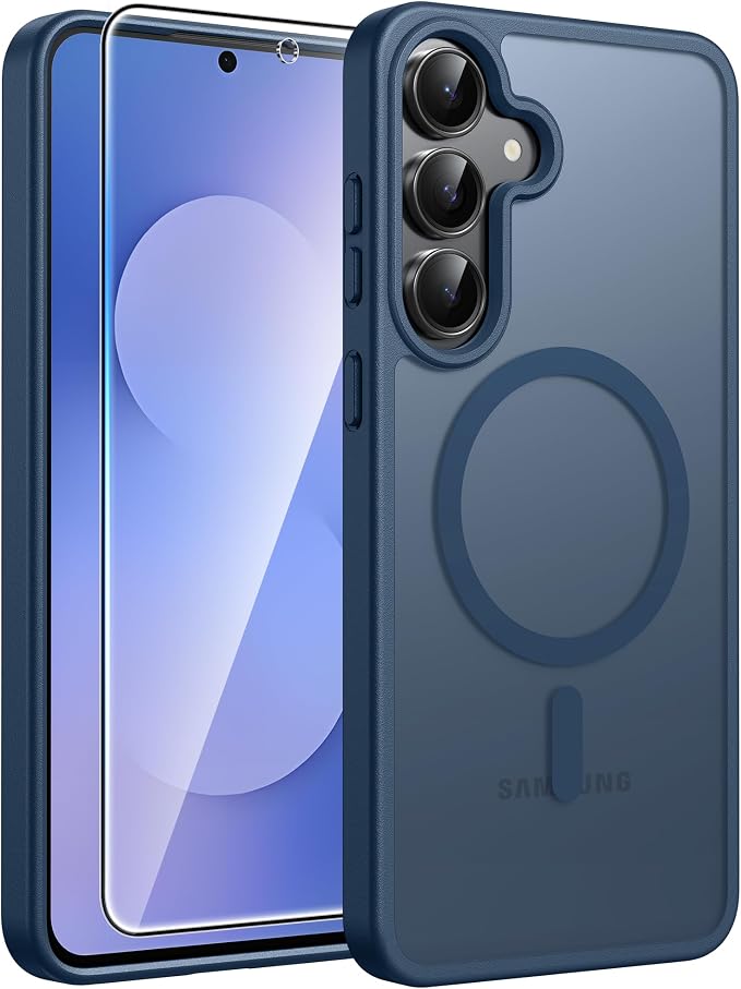 FNTCASE for Samsung Galaxy S25 FE Case, Fit for Magsafe, Screen Protector | Translucent Matte Magnetic Back, 14FT Military Grade Drop Protection, Slim Shockproof Protective Phone Cover, Blue by FNTCASE