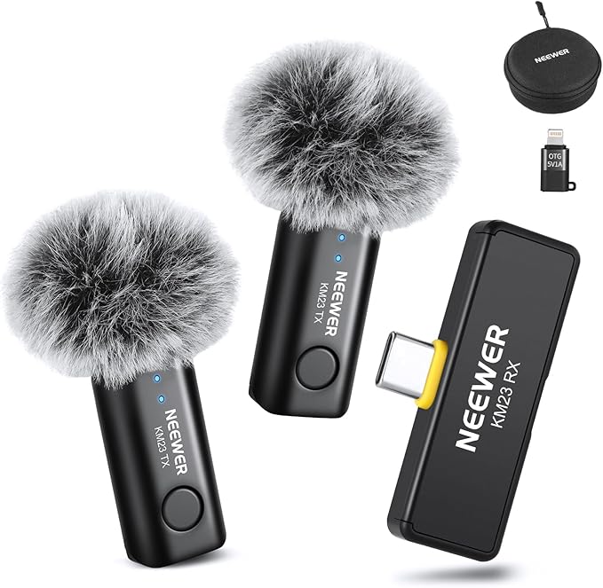 NEEWER Lavalier Wireless Microphone System, 1x USB C Receiver with OTG Adapter & 2X Noise Cancelling Omnidirectional Condenser Transmitter Compatible with iPhone 16 Pro Max S24 Ultra, KM23 by Neewer