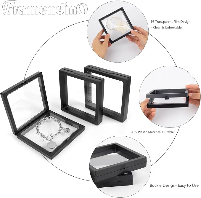 Framendino, 20 Pack Black 3D Floating Frame Display Case Challenge Coin 4.3x4.3x0.8 Holder Stands Jewelry Storage Box for AA Medallion Shells Gems - Image 3