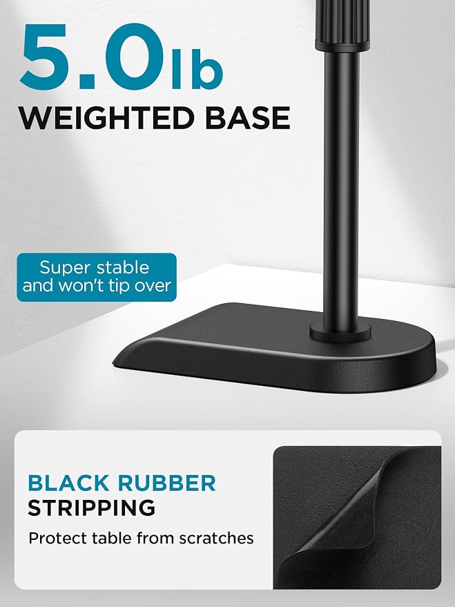 InnoGear Adjustable Desk Microphone Stand, Weighted Base with Soft Grip Twist Clutch, Boom Arm, 3/8/'' and 5/8/'' Threaded Mounts for Blue Yeti and Blue Snowball, Kick Drums, Guitar Amps, Black | for Shure Fifine Guitar Amps, 4.4lb Weight Capacity, Arm... - Image 3