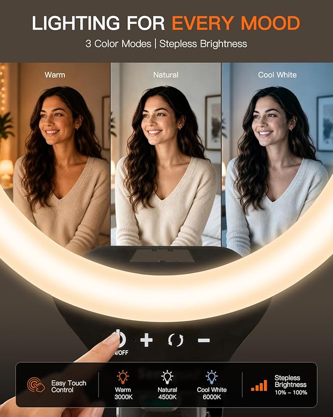 Sensyne Ring Light with Stand, 50" Phone Tripod for iPhone & Android, LED Ring Light with Remote, 3 Color Modes & 10 Brightness Levels for TikTok, Zoom & Video Recording - Image 3