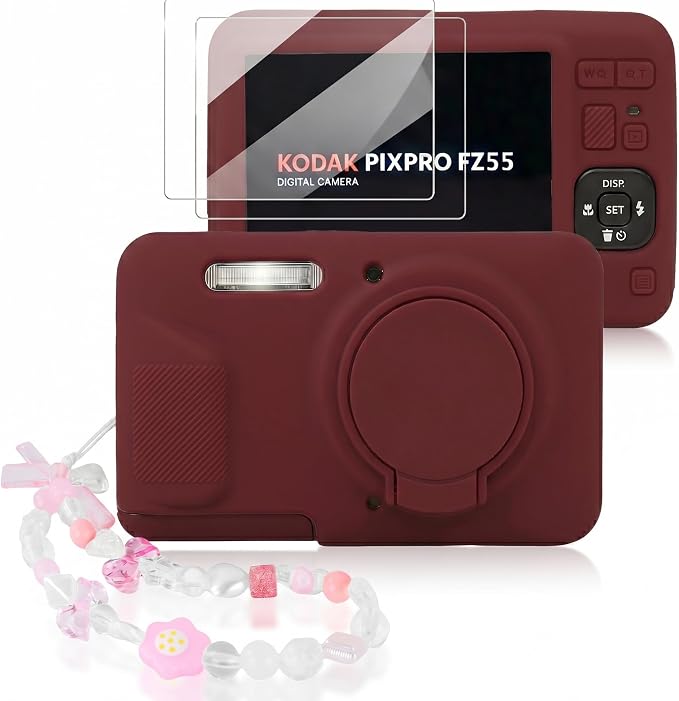 Camera Case for Kodak PIXPRO FZ55 with 2-Pack Screen Protector | Cute Charm Wrist Strap, Soft Silicone Protective Case with Removable Lens Cap for Kodak FZ55 Accessories - Burgundy by Seltureone