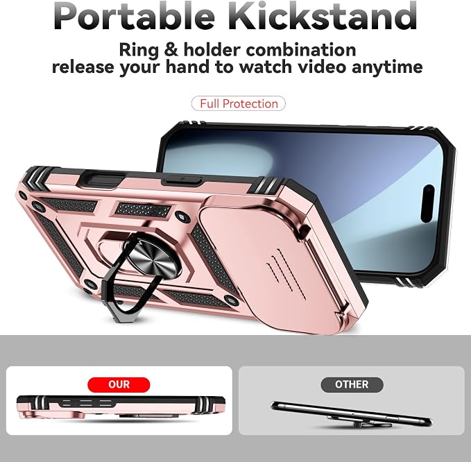 SunStory Phone Case for iPhone 17 Pro Case with HD Screen Protector & Slide Camera Cover & Rotated Ring Kickstand, [Military-Grade] Phone Case for iPhone 17 Pro, Rose Gold - Image 2