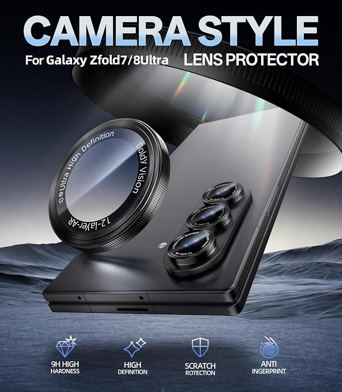 HelloDeere for Galaxy Z Fold 7/Z Fold 8 Ultra Camera Lens Protector, Military-Grade 9H+ Tempered Glass AR Optical Tech HD Anti-Glare Anti-Scratch Metal Individual Ring Easy Install Case Friendly Black - Image 2