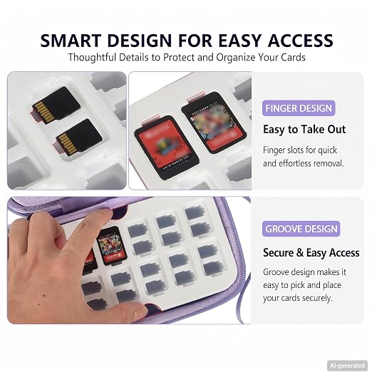 Game Card Case for Nintendo Switch, 72 Games and 144 MicroSD Cards, Purple | Hard EVA Memory Card Organizer with Removable EVA-PVC Trays, Fitted Slots and Finger Grooves for Easier Browsing - Image 7
