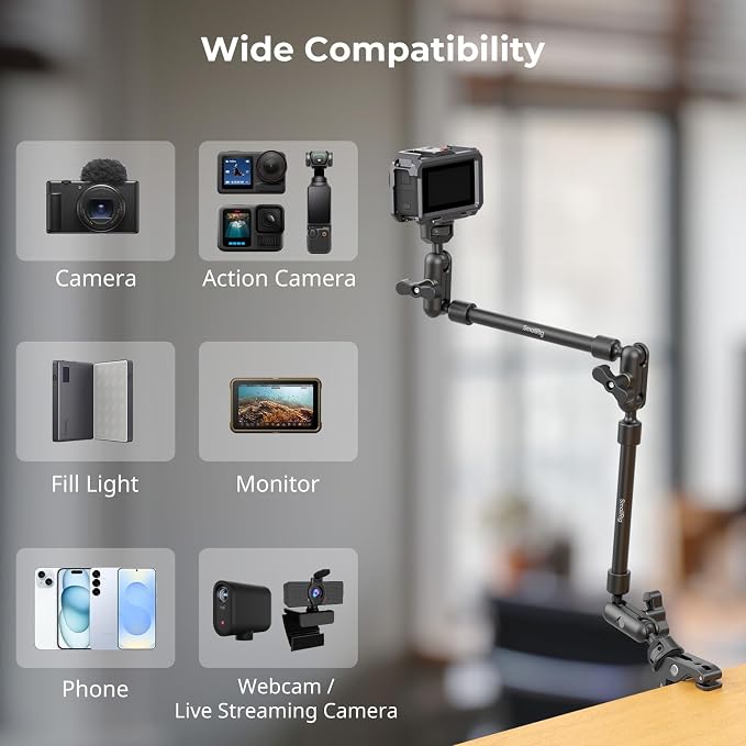 SMALLRIG 22" Magic Arm Clamp, Overhead Phone Mount Holder Stand, Flexible Desk Camera Mount, Articulating Friction Boom Arm, for POV Shot, Filming, Light, Webcam, Action Camera - Image 4