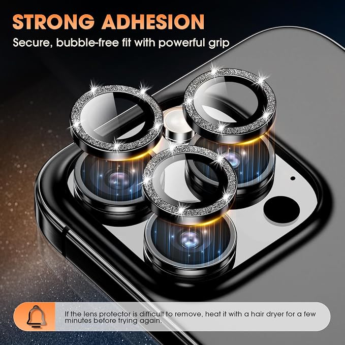 for iPhone 16 Pro/16 Pro Max Camera Lens Protector Glitter, Black | Individual Metal, 9H Hardness, Scratch Resistant, Shockproof, Drop Protection, Case Friendly, Stylish Accessories - Image 4