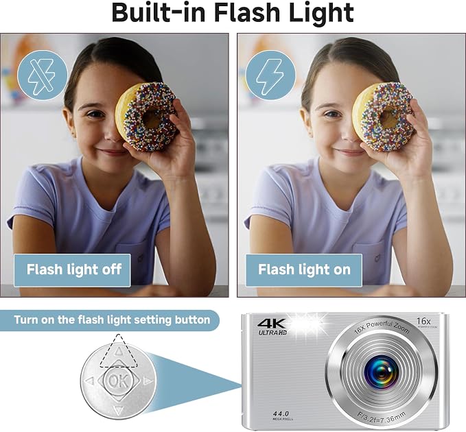 Digital Camera, 2026 4K Autofocus Digital Cameras for Teens, Silver Point and Shoot Camera for Kids with 16X Zoom, 64GB SD Card, Compact Small for Boys Girls Teens Kids Gift - Image 7