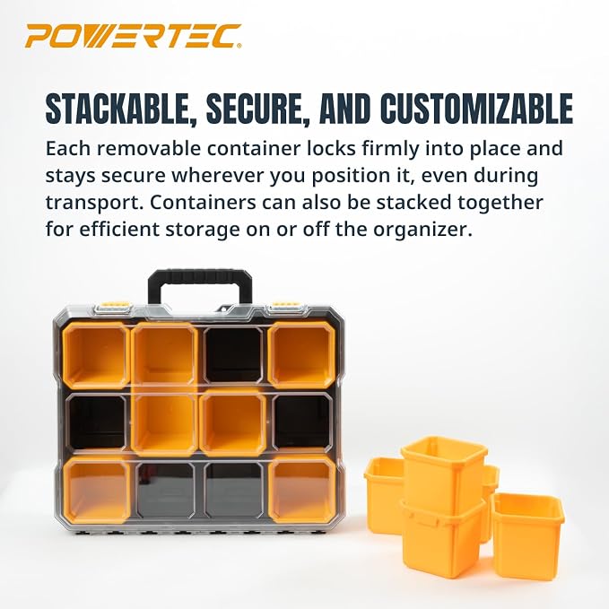 POWERTEC Small Parts Organizer & Tool Box – 10 Compartments, IP65 Water & Dust Protection, Stackable Storage with Interlocking Latch, Removable Tray, Clear Lid, Portable Design (72365) - Image 5
