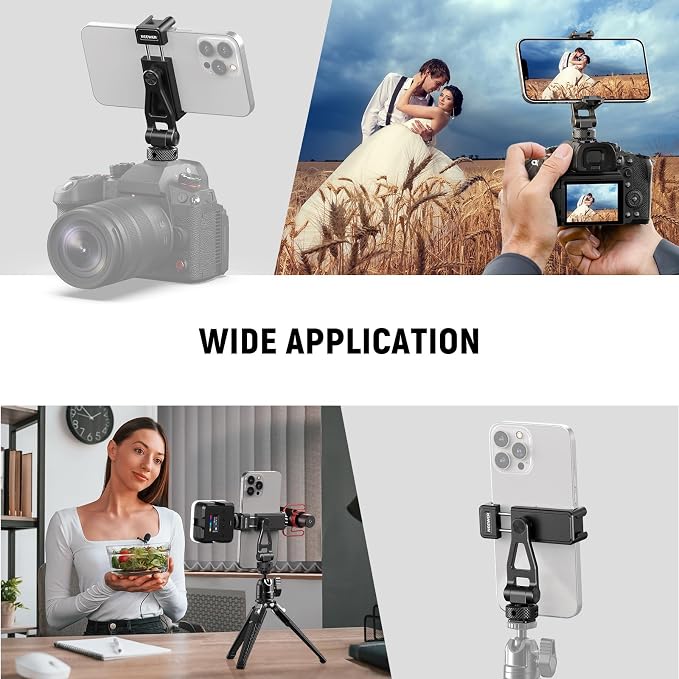 NEEWER Adjustable Phone Tripod Mount with Cold Shoe 1/4" Thread 180° Tilt 360° Rotation Cleaning Cloth Phone Clamp Holder Compatible with iPhone Samsung Android Camera Cage for Video Recording, GA010 - Image 7